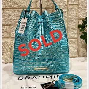 🚫SOLD🚫DUSTY BLUE MARLOWE BRAHMIN DRAWSTRING BAG NWT